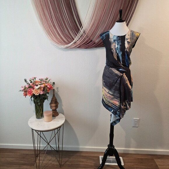 Rachel Roy Draped Asymmetrical Watercolor Dress Sz 4 - Picture 1 of 6